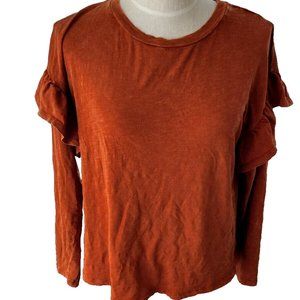 Universal Threads ladies size S burnt orange long sleeve top ruffle shoulder a3